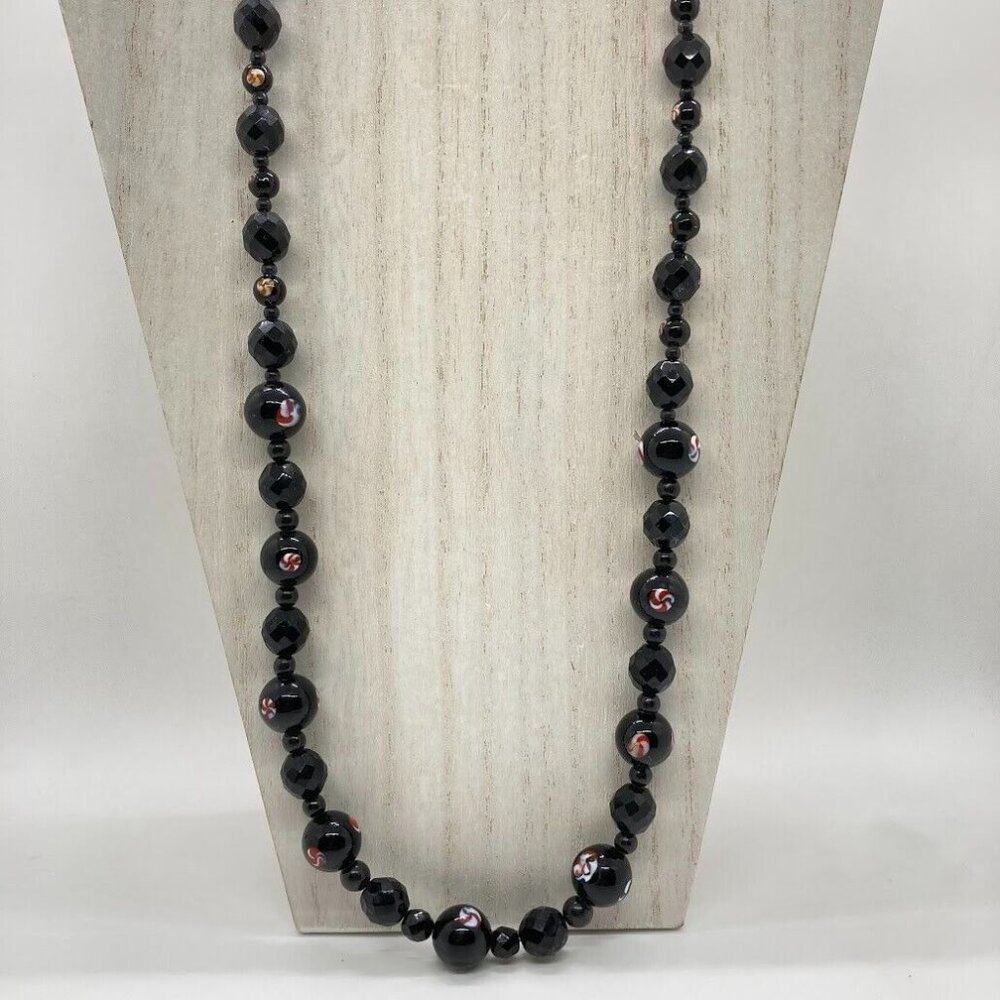 Vintage Infused Glass Bead 30" Necklace Black Red White Faceted Barrel Clasp